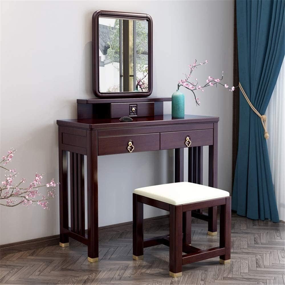 Luxury Dressing Vanity Table w/Stool for Bedroom, Dresser Table New Chinese Solid Wood Dressing Table and Dressing Table Bedroom Furniture Size Apartment Multifunctional Simple