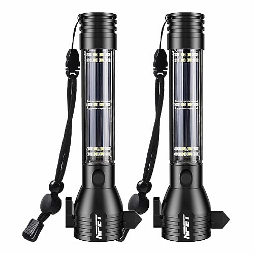 NPET T09 Solar Flashlight Car Flashlight 268 Lumens LED COB Light USB Rechargeable Tactical Multi-Function Torch Tool with Window Breaker Seat Belt Cutter Compass