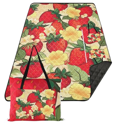 Cartoon Fruit Red Strawberry Picnic Blanket Waterproof Foldable Outdoor Beach Blankets Sandproof Picnic Mat Reversible Camping Blanket for Grass Park Hiking Travel Concerts Indoor, 60x80 in