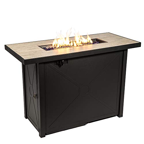 Teamson Home 40,000 BTU Square Steel Outdoor Fire Pit Table Outside Propane Gas Firepit Tabletop with Woven Textilene Base, 6.6 Pounds Lava Rocks, PVC Cover for Patio Deck Backyard, 28 Inch, Beige