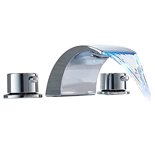 Brushed Nickel Bathroom Faucet Waterfall for Sink 3 Hole 8 Inch Faucet Widespread Vanity Sink Faucet Parts Two Handle Led Bath Tub Mixer Tap Lavatory Faucets Spout Commercial Water Hoses