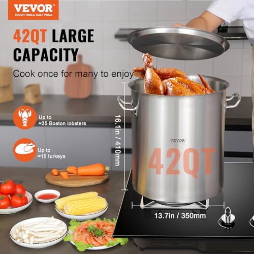 VEVOR 18/8 Stainless Steel Stockpot, 42QT Large Cooking Pots, Multipurpose Cookware Sauce Pot with Composite Base, Heavy Duty Commercial Grade Stock Pot, Sanding Treatment, for Large Groups Events