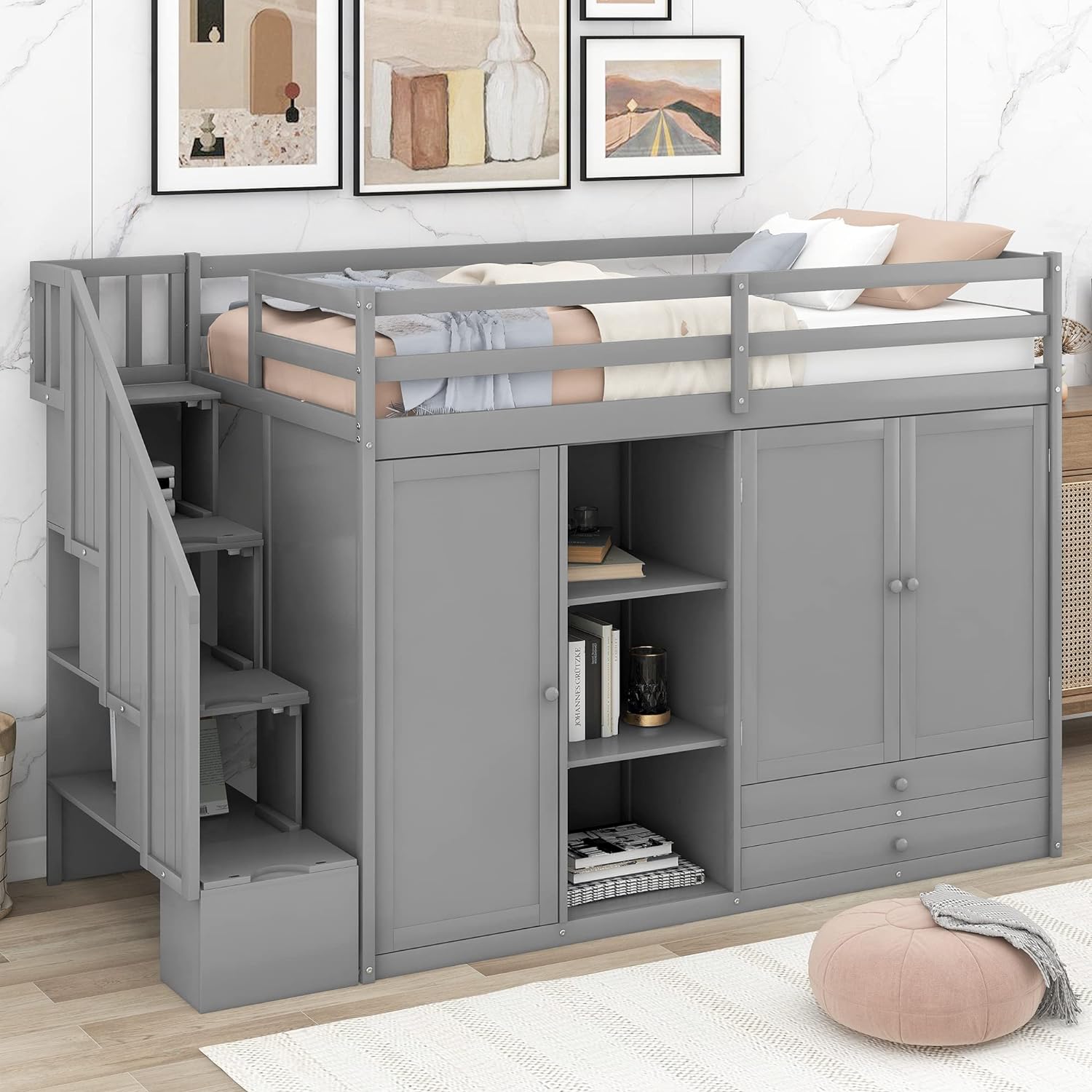 Functional Loft Bed with 3 Shelves, 2 Wardrobes and 2 Drawers, Ladder with Storage, No Box Spring Needed, Gray