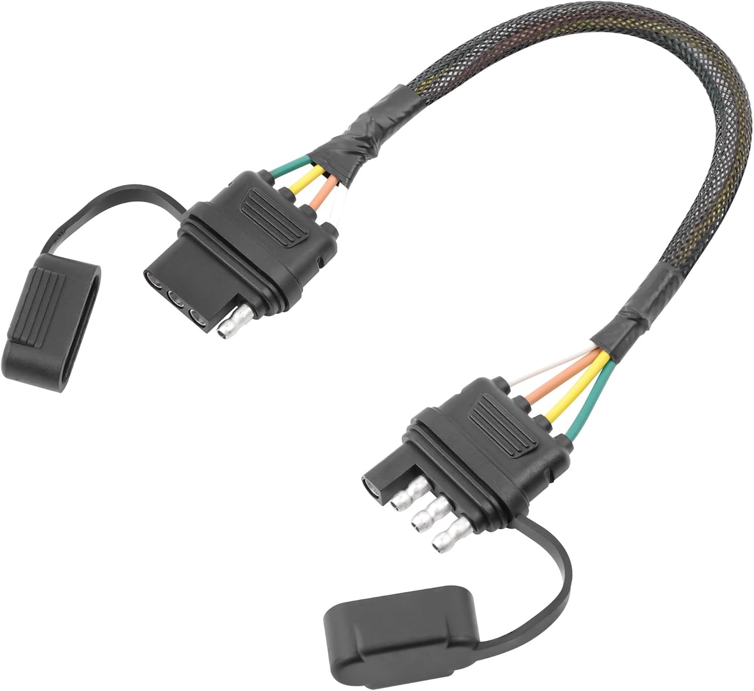 Oyviny 4 Pin Flat Trailer Extension 12 inch, Vehicle-Side and Trailer-Side 4 Way Connector with Rubber Dust Cover 16 AWG Pure Copper Wire Loom Tubing Protection, 4 Flat Trailer Wire Extension
