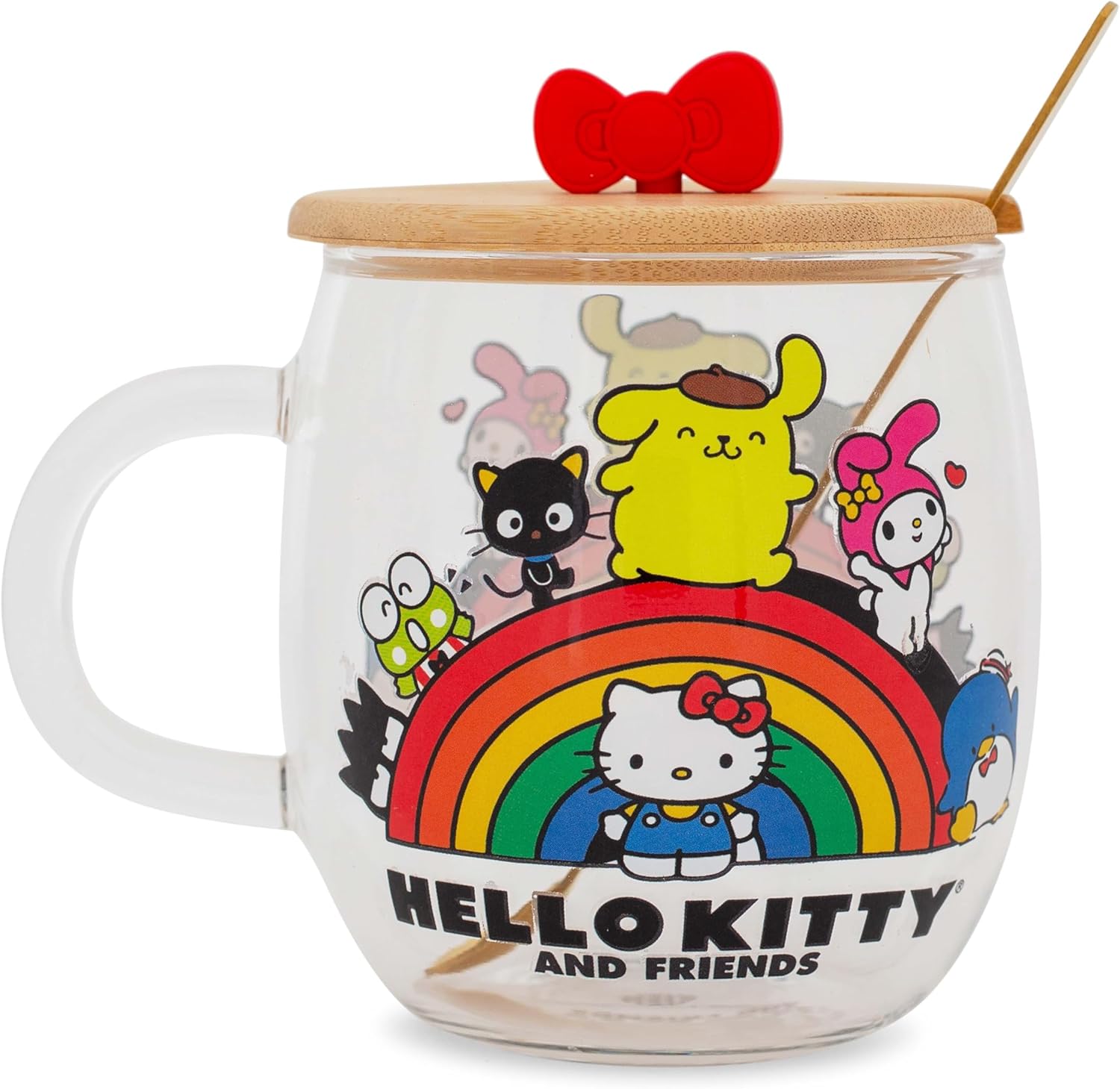 Silver Buffalo Sanrio Hello Kitty and Friends Rainbow Glass Mug With Bow-Topper Lid and Spoon | Large Coffee Cup For Tea, Espresso, Cocoa | Holds 17 Ounces