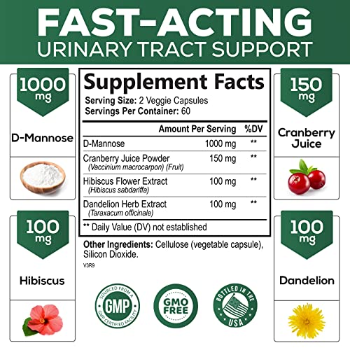 D-Mannose & Cranberry Extract 1350mg Advanced Formula, Fast-Acting Natural Urinary Tract Health Support for Women & Men, Flush Impurities in Urinary Tract & Bladder, Non-GMO, Vegan - 180 Capsules