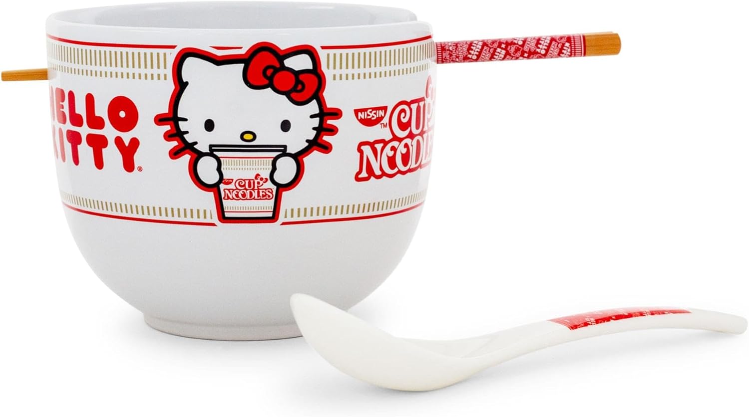 Silver Buffalo Sanrio Hello Kitty x Nissin 20-Ounce Ramen Bowl With Chopsticks and Spoon