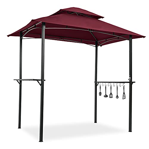 HomVent 8'X 5' Grill Gazebo Shelter, Steel Frame Double Tier Soft Top Outdoor BBQ Gazebo Canopy with Hooks and Bar Counters for Patio Backyard (Red)