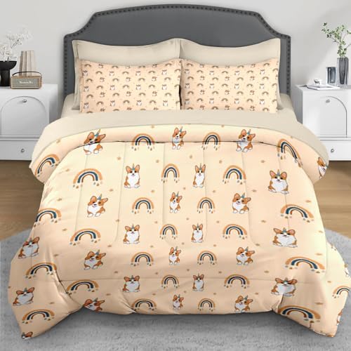 Corgi Orange Dog 5 Pcs Comforter Set Twin Size Kids Cute Unicorn Bedding Set with Pillowcase & Sham,Flat Sheet and Fitted Sheet for Kid and Adult