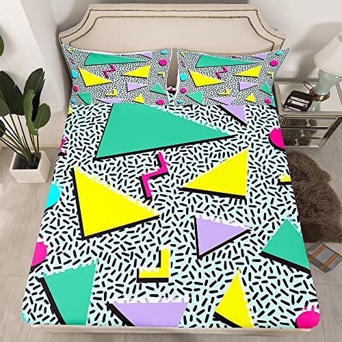 80s 90S Fashion Style Sheet Set Queen Size,Retro Memphis Style Pattern with Geometrical Shapes Bed Sheets for Kids Child,Funky Hipster Old Fashioned Fitted Sheet Geometric Bedroom Decor