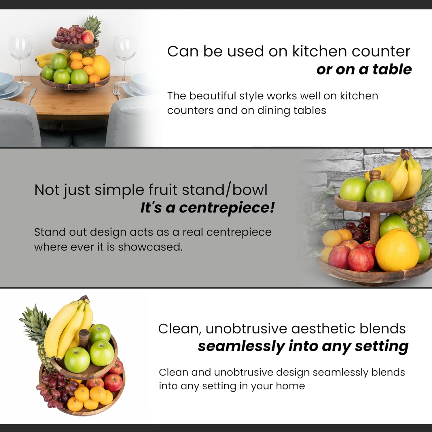 2 Tier Fruit Basket - Acacia Wood Fruit Stand for Kitchen Counter - Display Fruit Bowl Holder for Countertop Space Saving - Tall Fruit Stand Rack Ideal for Kitchen Organization