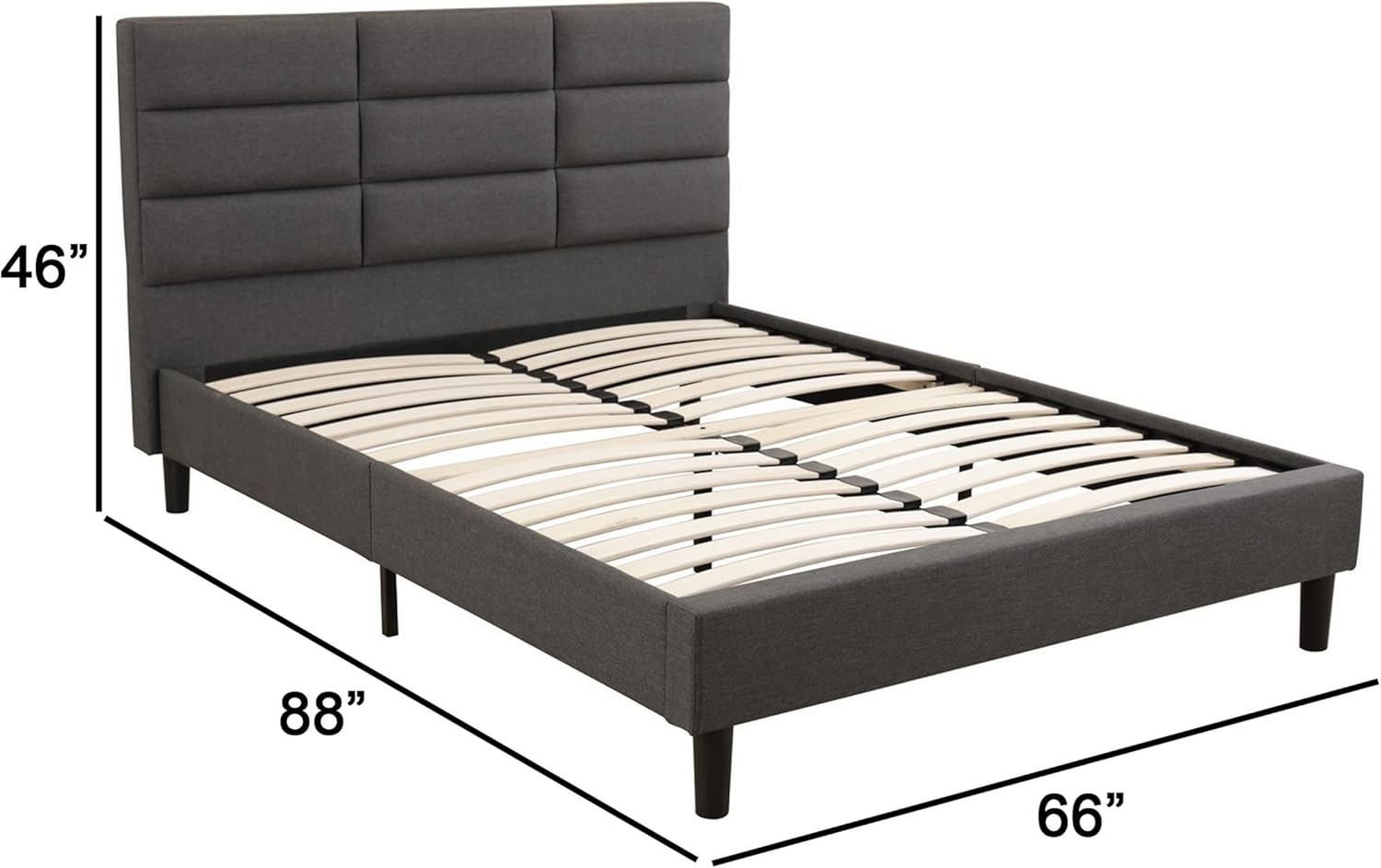 Benjara Rin Queen Size Platform Bed, Charcoal Gray Upholstery, Panel Headboard