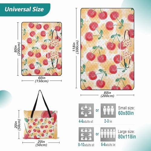 Watercolor Cherry Fruit Picnic Blankets - Extra Large Waterproof Foldable Portable Picnic Blanket, 60''x80'' Beach Blanket Outdoor Mat for Grass Park, Hiking, Travel