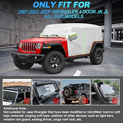 SUPAREE Waterproof Cab Cover with LOGO fits 2006-2023 Wrangler JK JL 4 Door Full Covers Outdoor Sun Rain Wind Snow Protection fits Jeep Wrangler 4 Door Rain Cover with Driver Door Zipper Storage Bag