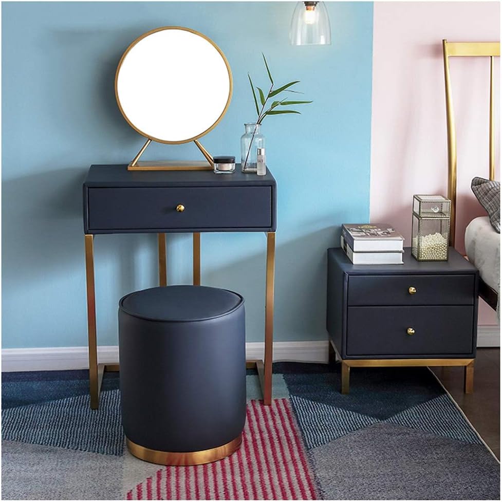 Vanity Table Set Home Vintage Style Dressing Table Padded Stool Circle Mirror Drawers 3pc Set 23.6x15.7x29.1inch