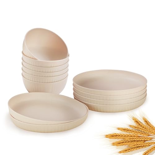 Elite Wheatstraw Dinnerware set, Unbreakable & Reusable Dinner Plates and Bowls set (12 pieces), Lightweight Microwave safe dishes & cereal bowls, Kids Plates and Bowls Sets, Camping plates (Beige)