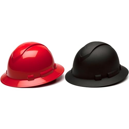 PYRAMEX Ridgeline Full Brim Hard Hat, 4-Point Ratchet Suspension, Red