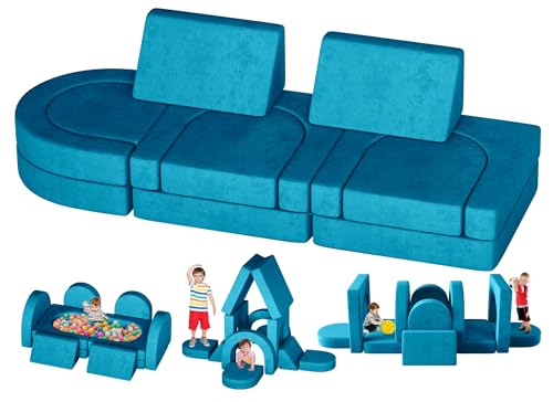 Kids Couch, 12PCS Modular Toddler Couch with 2 Triangular Cushions and 4 Arches, Fold Out Kids Couch for Playroom, Bedroom, Modular Kids Couch for Boys and Girls, Kids Play Couch for Kids (Gray)