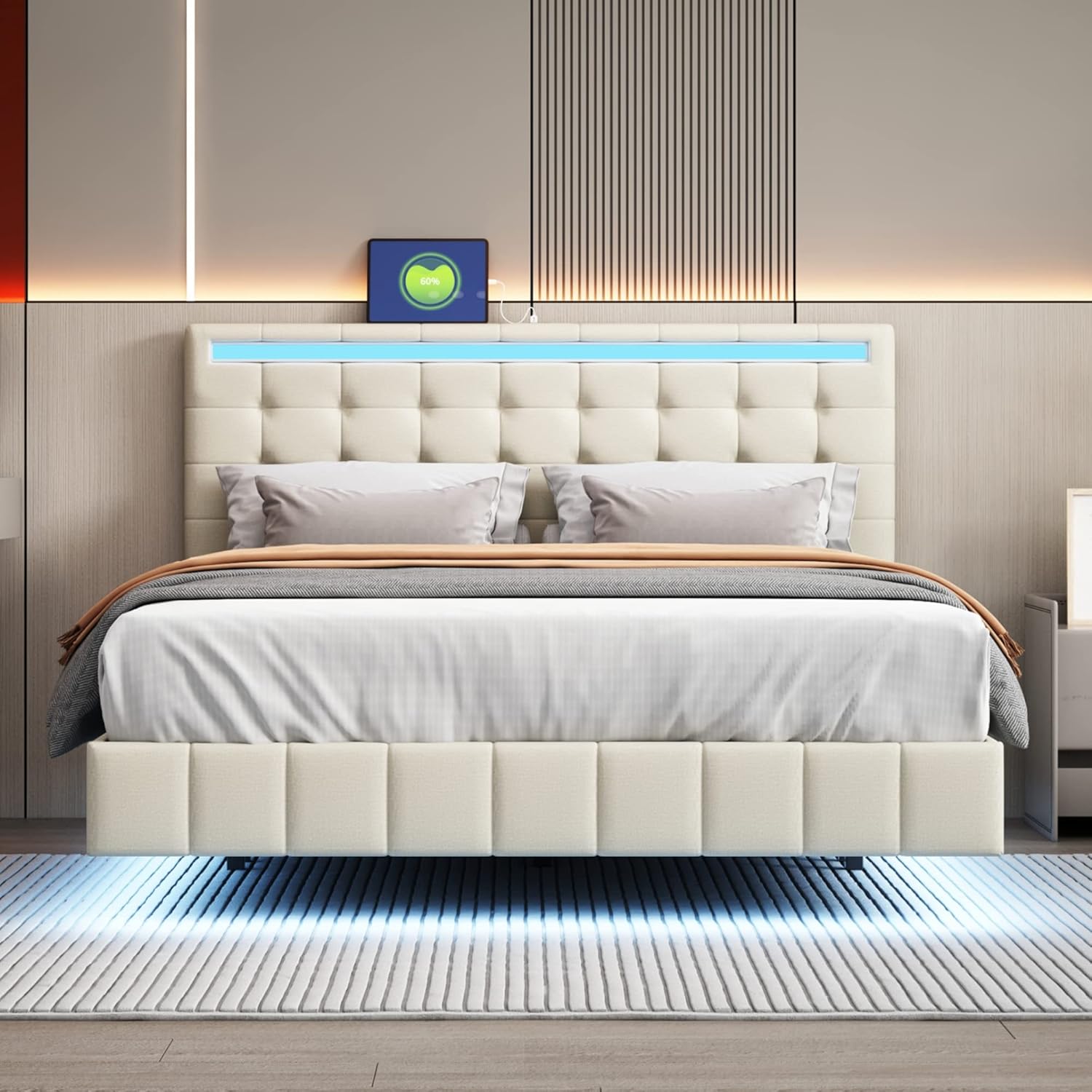 Floating Bed Frame Queen Size with LED Lights, USB Charging Station, Modern Metal Platform Bed, Upholstered Headboard, No Box Spring Needed, Noise Free, Easy Assembly