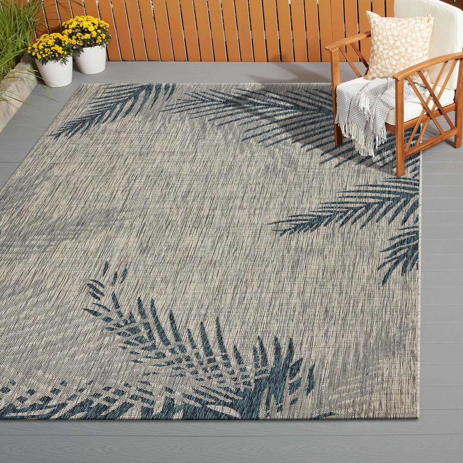 LR Home Captiva Tropical Palms Indoor/Outdoor Area Rug, 5' x 7', Gray/Blue