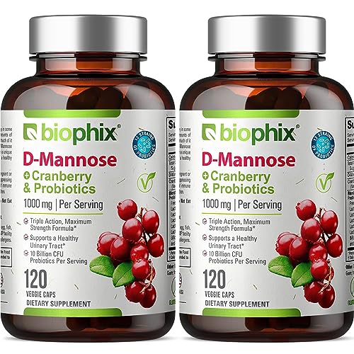 biophix D-Mannose with Cranberry and Probiotics, D Mannose 1000mg capsules serving - 120 Vcaps - Support Urinary Tract Health for Women and Men, Bladder Health and Digestive Well being