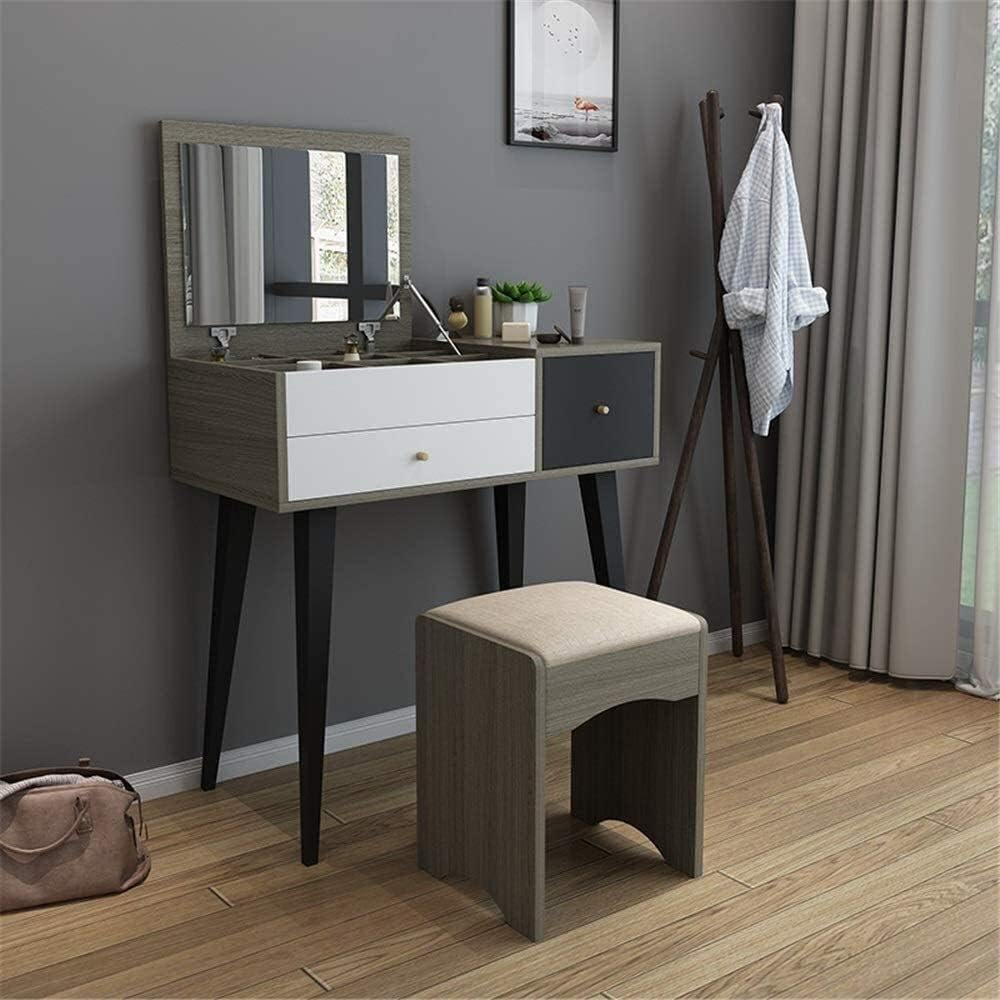 Luxury Dressing Vanity Table w/Stool for Bedroom, 2 in 1 Makeup Vanity Desk Dressing Table Small Apartment Mini Bedroom Stool Combination with Mirror Storage