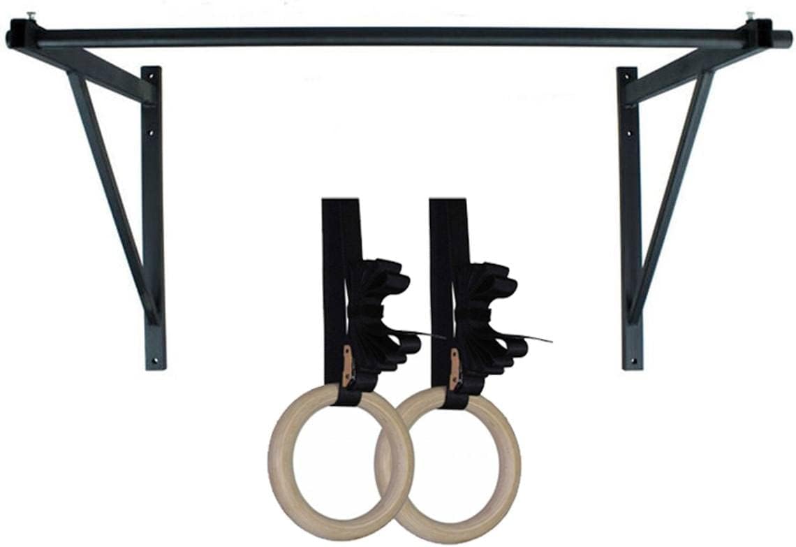 Titan HD Wall Mounted Pull Up Chin Up Bar with 8 in. Wood Olympic Gymnastic Rings - 1.5 in. W Heavy Duty Thick Straps &