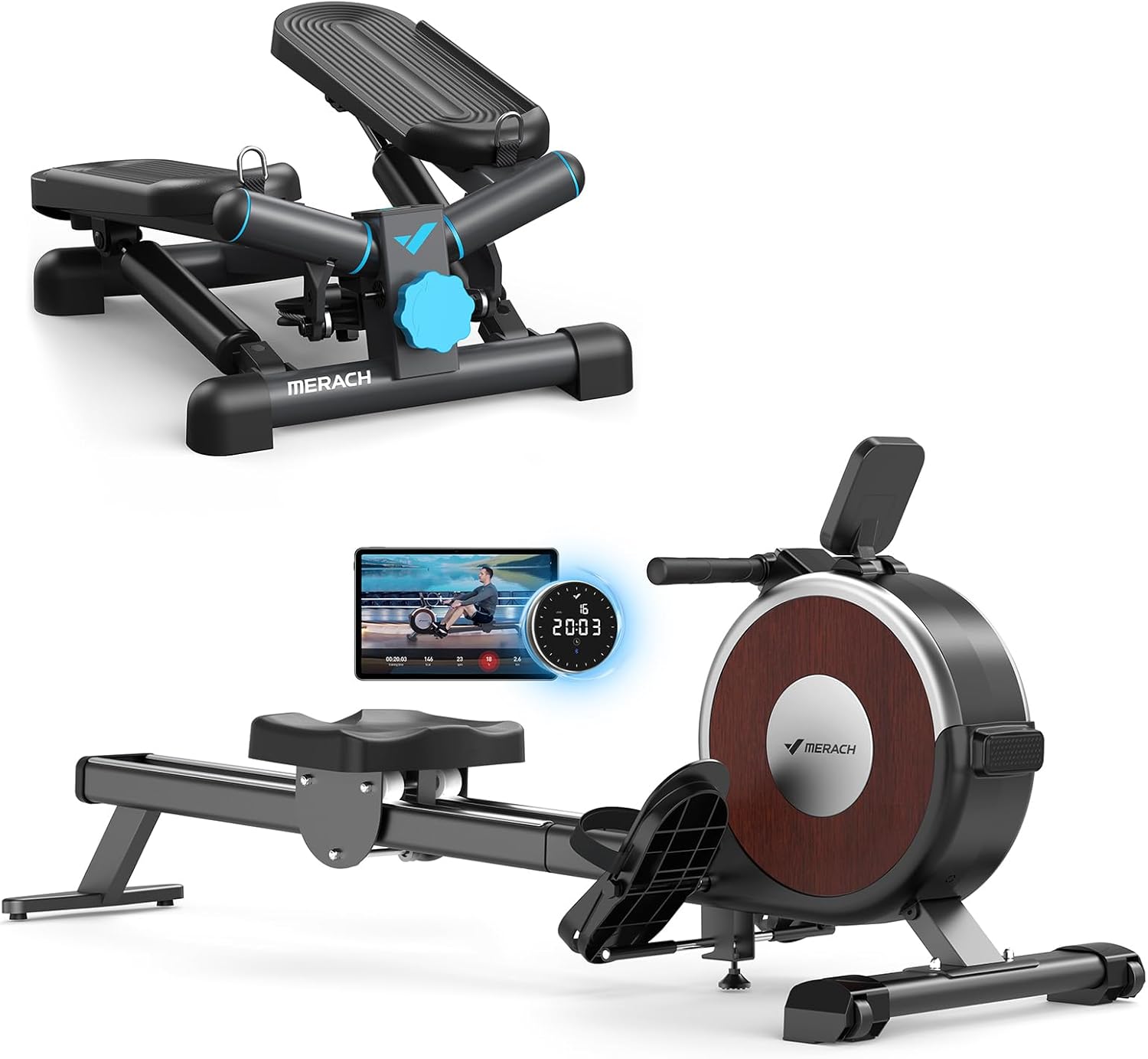 MERACH Mini Stepper for Exercise, Twist Stair Stepper 330LBS Capacity, Stepper Exercise Equipment with Resistance Bands for Full Body Workout, Magnetic Rowing Machine with Exclusive App