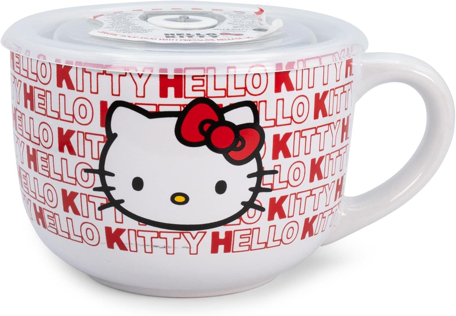 Sanrio Hello Kitty Red Ceramic Soup Mug With Vented Lid | Bowl Container For Ice Cream, Cereal, Oatmeal | Large Coffee Mugs and Cups, Home & Kitchen Essentials | Cute Kawaii Gifts | Holds 24 Ounces