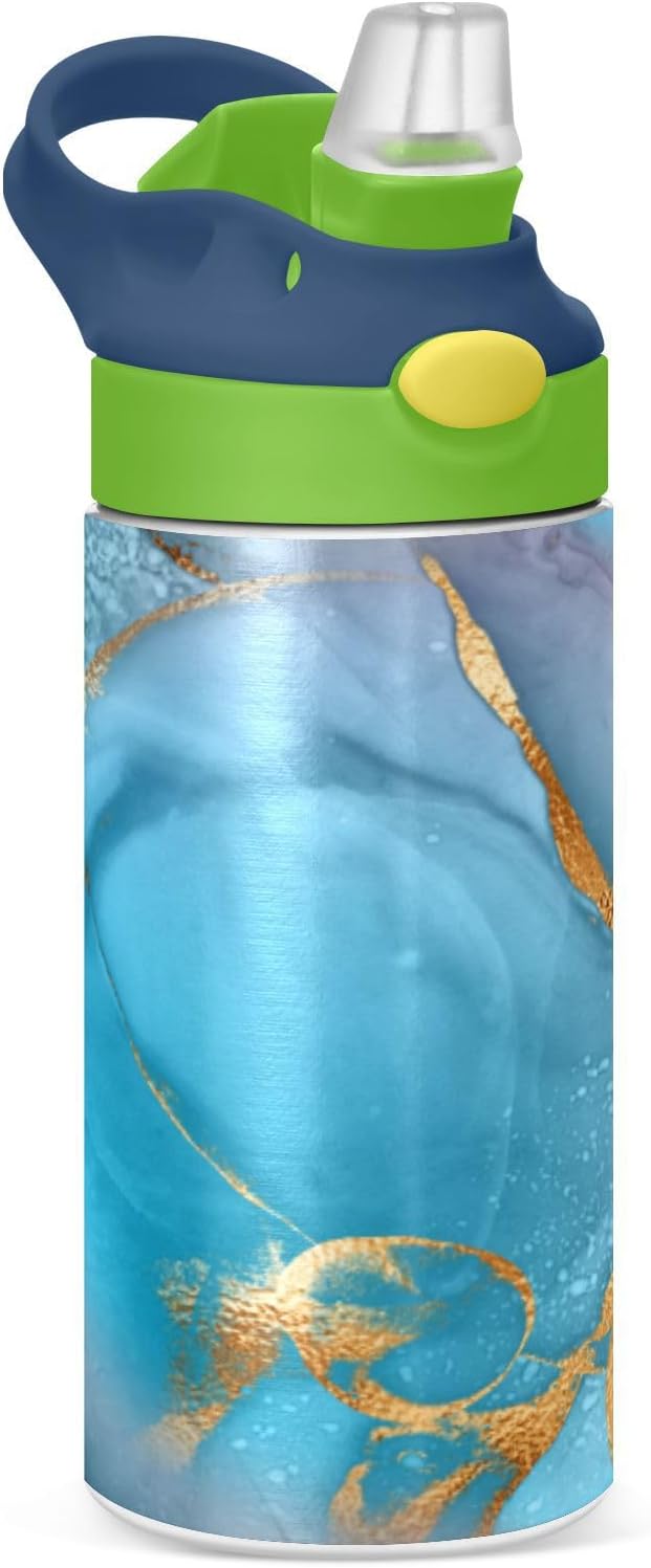 Marble Water Bottle for Kids, 12 oz Leakproof Double Walled Insulated Stainless Steel Water Bottle Travel Tumbler with Straw Lid for Girls Boys Toddlers