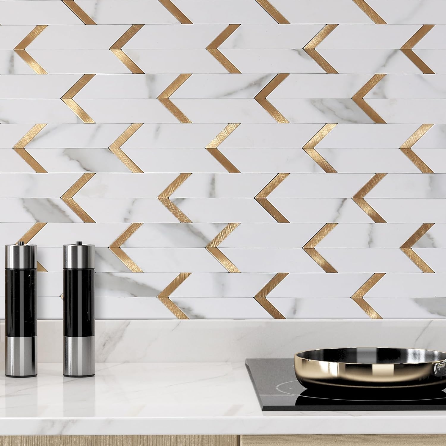 5 Sheets Backsplash Tile for Kitchen Peel and Stick, Self Adhesive Marble Tiles Stick on Wall Tiles for Kitchen, Bathroom, Herringbone Peel and Stick Back Splash (Carrera White)