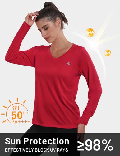 Women's UPF 50+ Sun Shirts Dry Fit Athletic Running Long Sleeve T-shirts V-Neck Performance Tee Top