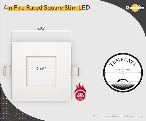 Goodlite 4-inch LED Fire-Rated, Square Slim - Recessed 12W Downlight, 120-277V, CRI 90+, ETL Listed, Dimmable Triac & 0-10V, 850 Lumens, 5CCT 27K-30K-35K-41K-50K, 50k Hr, Equal to 75W, 1ct (G-97022)