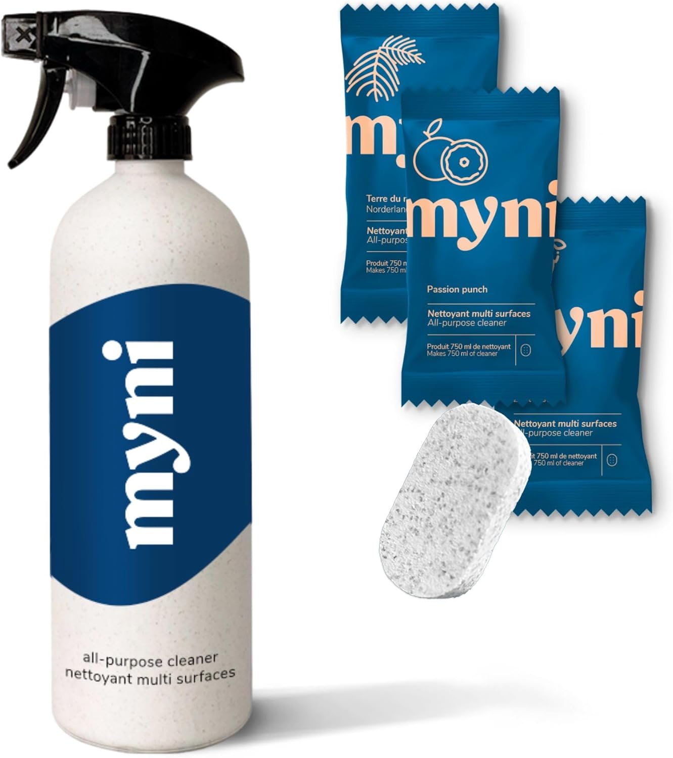 All-purpose Cleaner Starter Set - Powerful Cleaning - Citrus, Fruity, Woody, Spicy & Unscented Fragrance - 1 Wheat Straw Bottle & 3 Tablets Refills - Biodegradable Formula - Vegan - 3x750ml