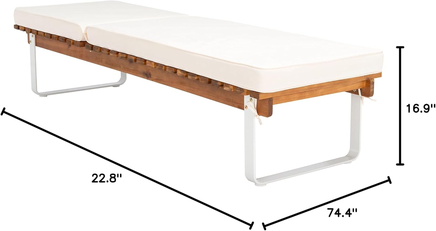 SAFAVIEH Outdoor Collection Nuca Natural Brown Solid Wood/White Legs/White Cushion Chaise Lounge Chair (PAT7084A)