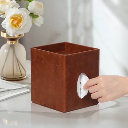 Tissue Box Cover, PU Leather Square Tissue Box Holder with Storage Tray for Bathroom Vanity Countertop Night Stands Bedroom Office Desk, Stylish Tissue Holder Decorative Organizer (Cream)