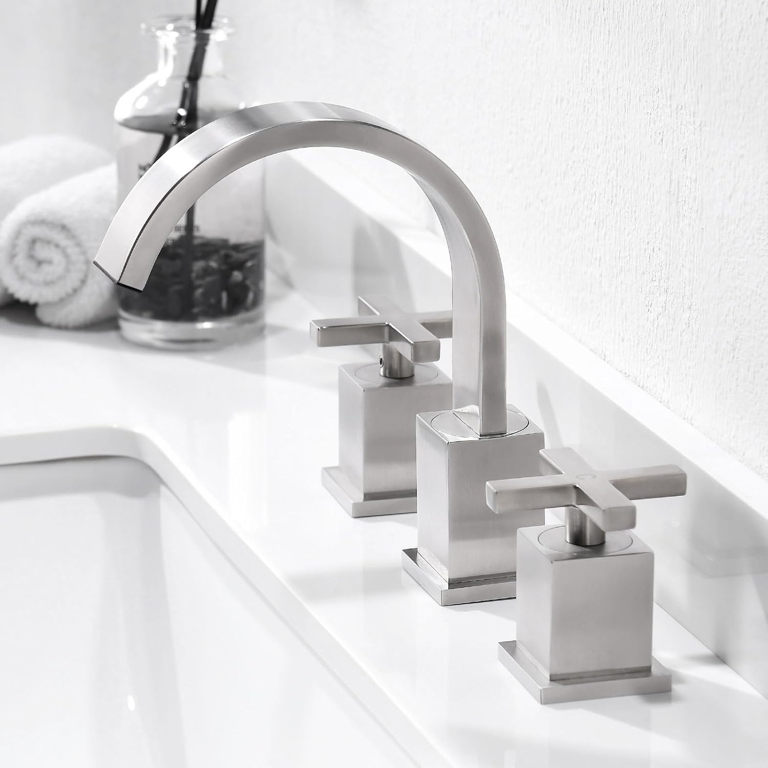 Phiestina Brushed Nickel Waterfall Bathroom Faucet, Widespread 3 Hole 8 Inch Modern Sink Faucet, with 360 Degree Swivel Spout, Pop Up Drain and Water Supply Lines, WF001-10-BN