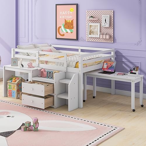 Merax Low Twin with Desk, Wood Loft Bed with 2 Storage Drawers and Lateral Portable Table, No Box Spring Needed, for Boys & Girls (White)