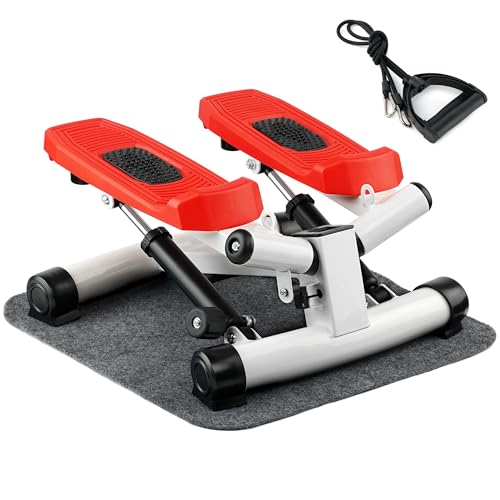 ONETWOFIT Mini Stepper for Home Exercise, Twist Steppers for Exercise at Home with Resistance Bands, Stepper Exercise Machine, Full Body Cardio Workout, Red