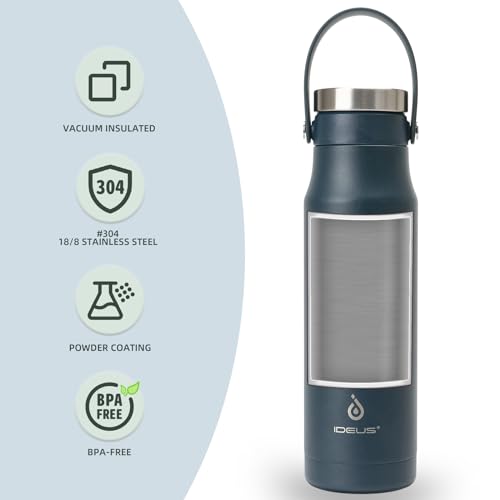 IDEUS Insulated Water Bottle, 24oz Stainless Steel Vacuum Flask with Handle for Hot and Cold Water, Tea, Beverage, Leak Proof, Reusable and BPA Free, Navy Blue