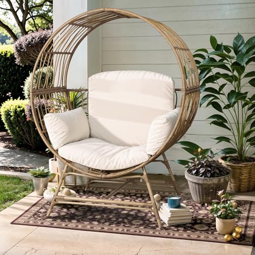Rattan Wicker Egg Chair, Egg Basket Lounge Chair with 4 Cushions, Oversized Indoor and Outdoor Lounger Chair for Patio & Living Room, Steel Frame, 330lbs Capacity