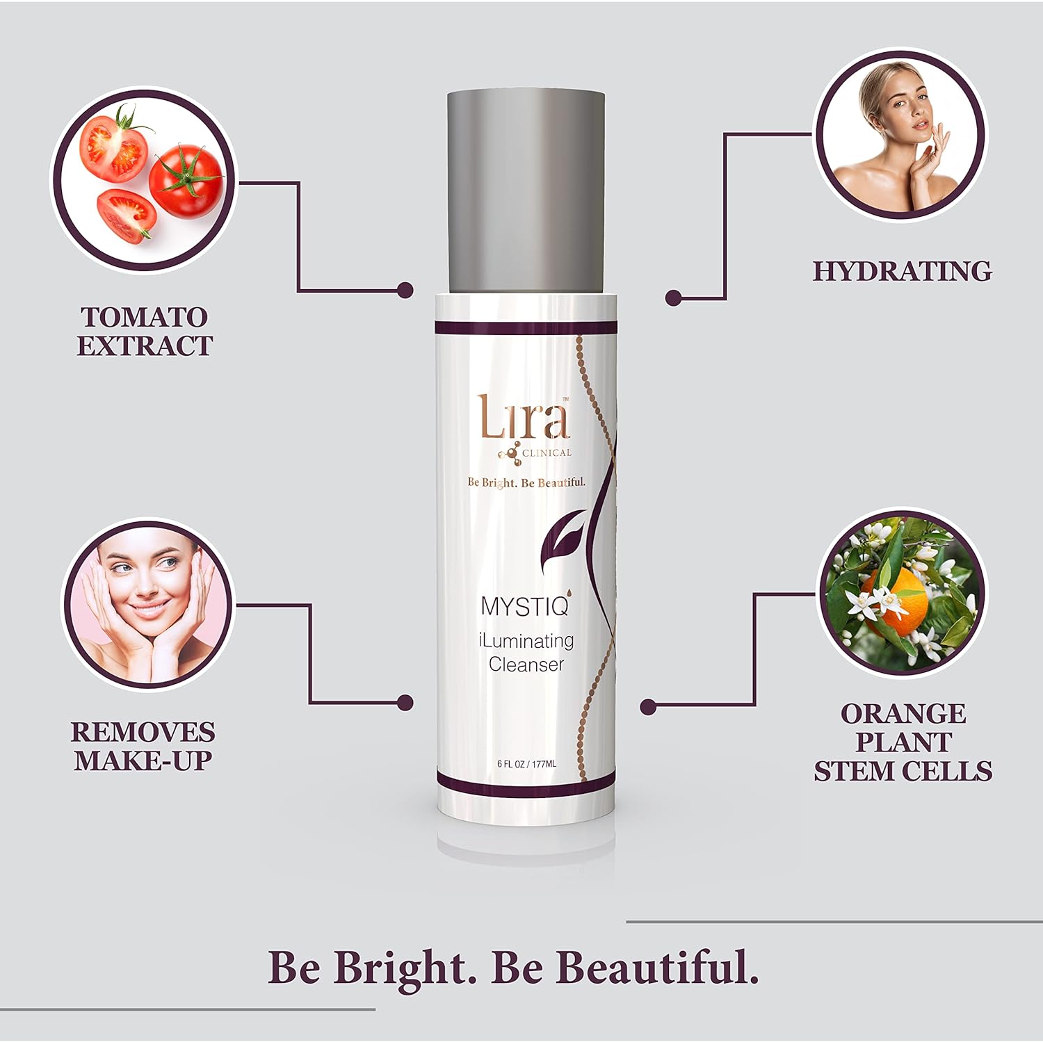 Lira Clinical Mystiq iLuminating Cream Cleanser - Gentle Hydrating Facial Wash with Plant Cells, Tomato Extract, Vitamin C & E - 6 fl oz
