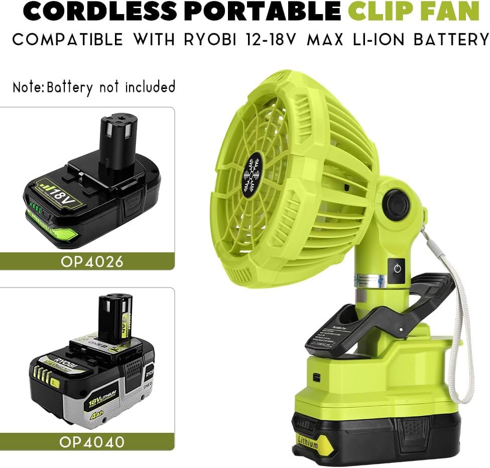 WaxPar For Ryobi 18-Volt Personal Battery Powered Clip Fan, Cordless Clamp Fan with USB Port Compatible with Ryobi 18V one+ Li-Ion Battery, 3 Speed Settings, Clamping Capacity, Adjustable Head
