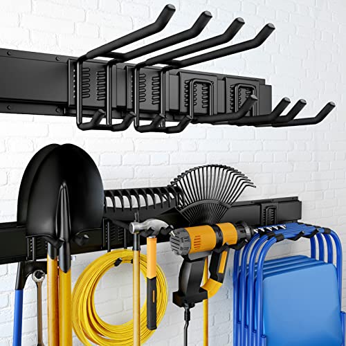 Garage Storage, Garage Organization, Wall Mount Garden Tool Organizer 48 Inches, Max 440lbs Adjustable Metal Hooks, Yard Shed Rack, Tool Holder for Hanging Rake Broom Mop Snowboard, New Home Gift