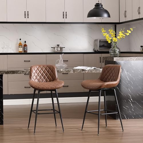 26 inch Bar Stool Set of 2, 360° Swivel Counter Barstool with Backrest, Counter Height Bar Stools, Modern Bar Chair with Footrest Black