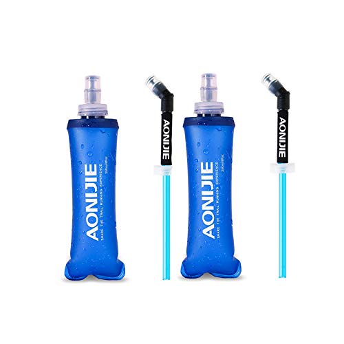 AONIJIE TPU Soft Folding Water Bottles Collapsible Flask for Hydration Pack for Running Hiking Cycling Climbing Pack of 2 (250ml with Straw -Pack of 2)