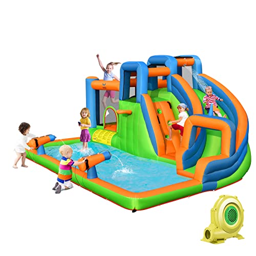 BOUNTECH Inflatable Water Slide, 7 in 1 Mega Water Park Bounce House Waterslide Combo for Outdoor Fun w/735W Blower, Climbing Walls, Blow up Water Slides Inflatables for Kids and Adults Backyard Gifts