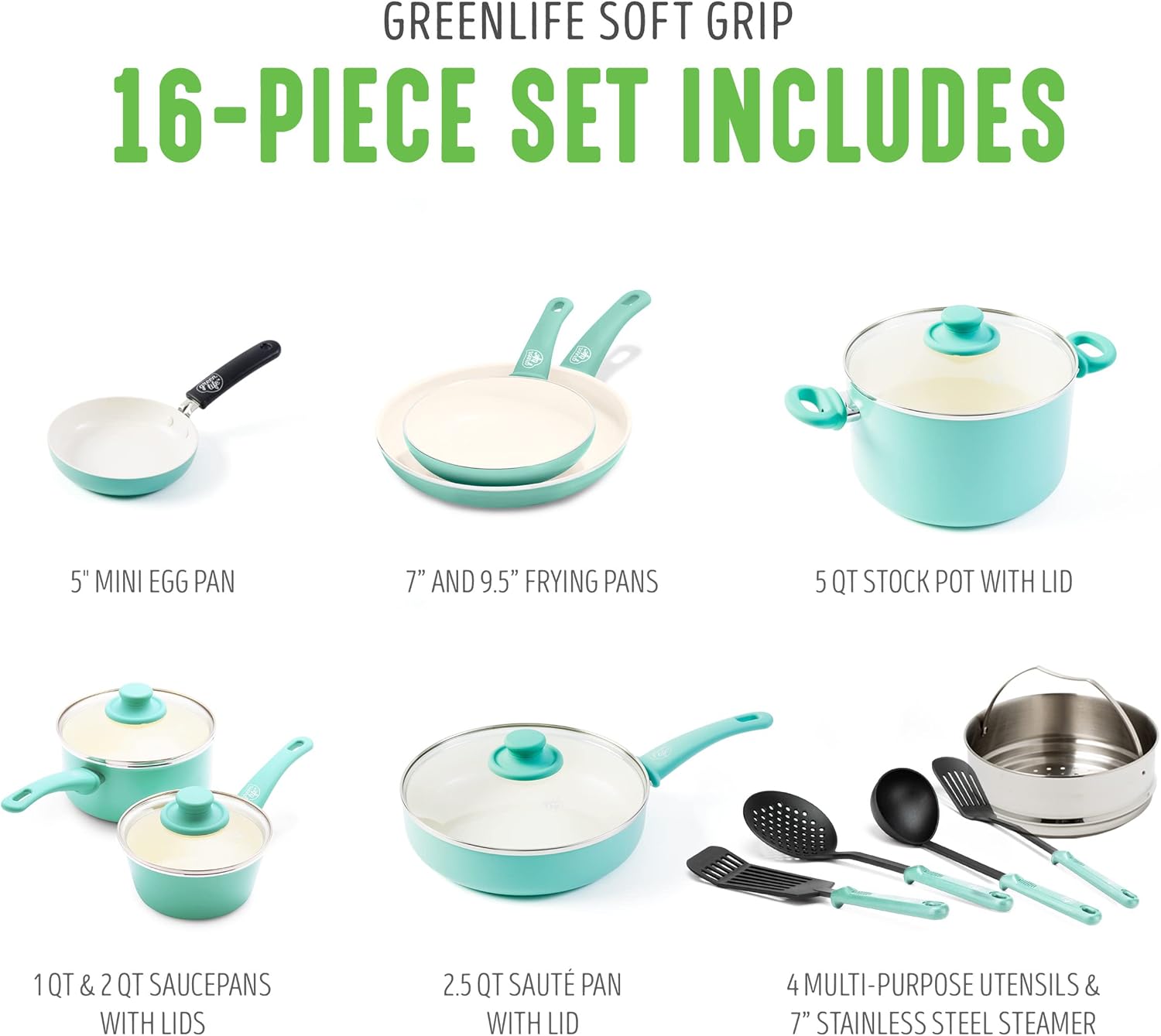 GreenLife Soft Grip Healthy Ceramic Nonstick 16 Piece Cookware Pots and Pans Set, Turquoise & Soft Grip Healthy Ceramic Nonstick, 11