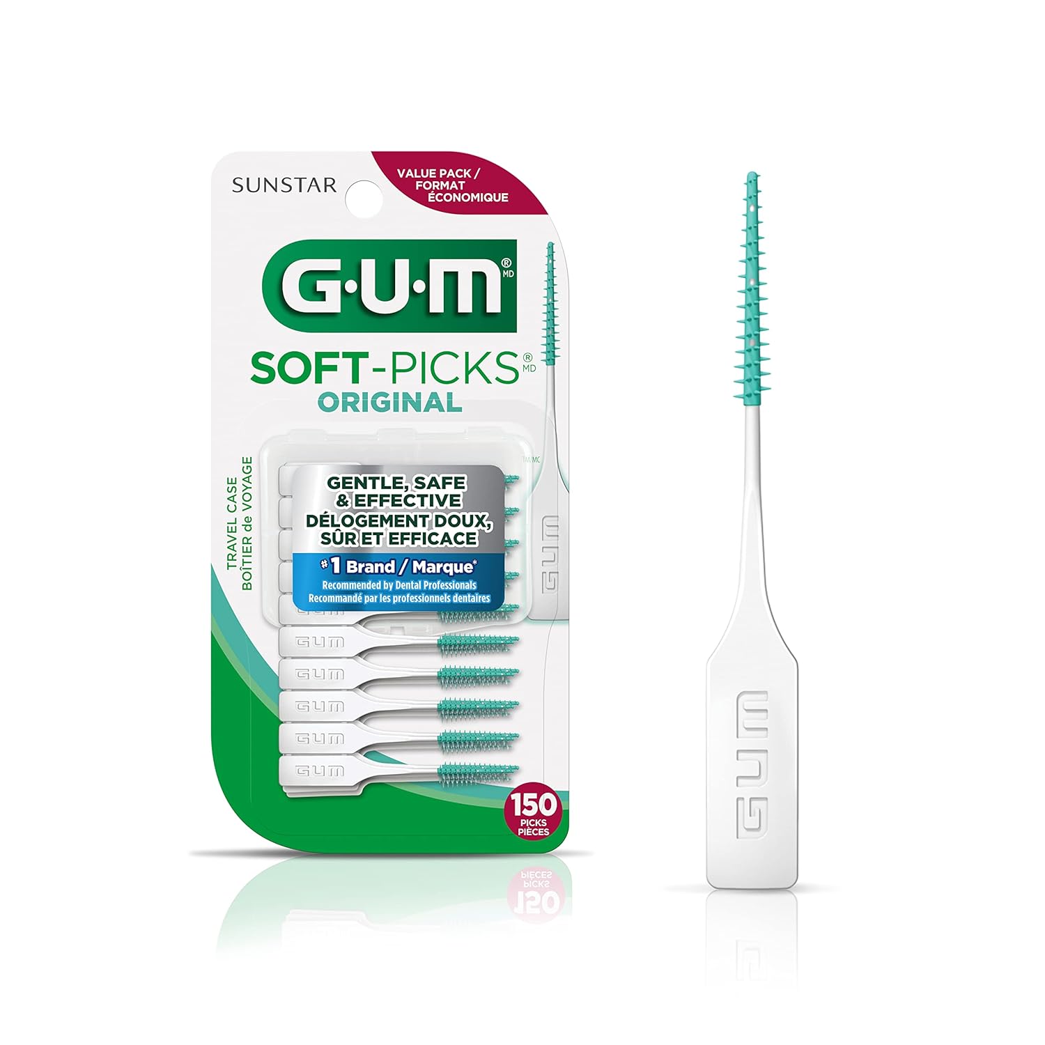 GUM Soft-Picks Original, Easy to Use Dental Picks for Teeth Cleaning and Gum Health, Disposable Interdental Brushes with Convenient Carry Case, Dentist Recommended Dental Floss Picks, 150ct