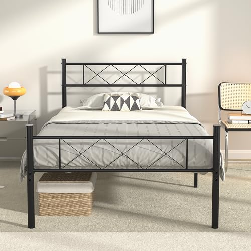 VECELO Queen Size Bed Frame with Headboard, Heavy-duty Platform with Strong Metal Slats, No Box Spring Needed, Easy Assembly, Matte Black